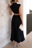 Black Sweet Elegant Solid Hollowed Out Mandarin Collar A Line Dresses