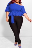 Green Casual Solid Patchwork Oblique Collar Plus Size Tops