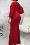 Red Elegant Solid Patchwork Asymmetrical Collar Evening Dress Dresses