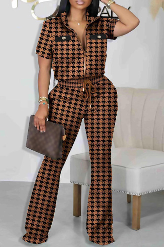 Khaki Casual Print Patchwork Zipper Collar Short Sleeve Two Pieces