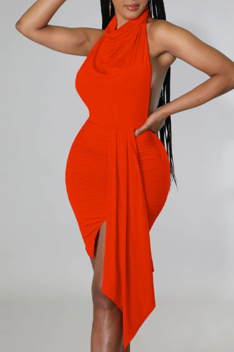 Tangerine Red Sexy Solid Patchwork Backless Asymmetrical Halter Irregular Dress Dresses