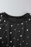 Black Casual Solid Beading O Neck T-Shirts