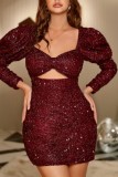 Burgundy Sexy Patchwork Hollowed Out Sequins Square Collar Long Sleeve Dresses
