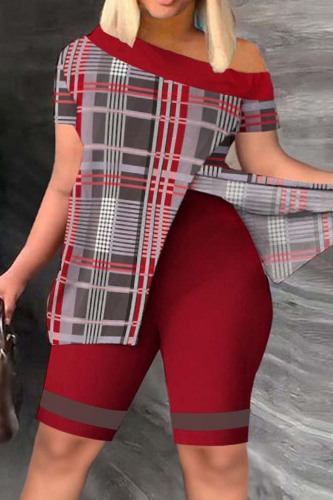 Burgundy Casual Print Patchwork Oblique Collar Short Sleeve Two Pieces