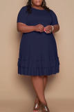 Royal Blue Casual Solid Patchwork Flounce O Neck Straight Plus Size Dresses