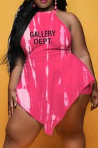 Rose Red Street Print Tie Dye Letter O Neck Plus Size Jumpsuits