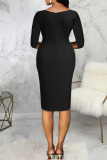 Black Elegant Solid Patchwork Asymmetrical Collar One Step Skirt Dresses