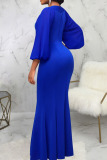 Blue Elegant Solid Patchwork Asymmetrical Collar Evening Dress Dresses