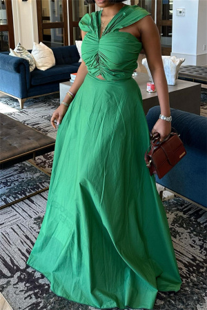 Green Sexy Formal Solid Hollowed Out Fold Solid Color V Neck Evening Dress Dresses