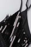 Black Sexy Solid Tassel Patchwork Spaghetti Strap Sling Dress Dresses