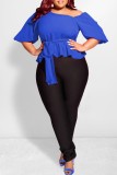 Royal Blue Casual Solid Patchwork Oblique Collar Plus Size Tops