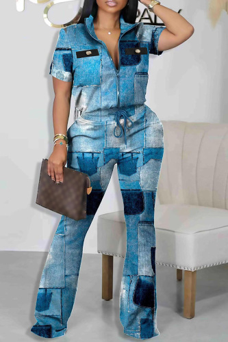 Blue Casual Print Patchwork Zipper Collar Short Sleeve Two Pieces