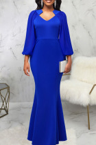 Blue Elegant Solid Patchwork Asymmetrical Collar Evening Dress Dresses