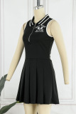 Black Casual Sportswear Print Patchwork Zipper Turndown Collar A Line Dresses
