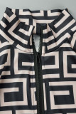 Black khaki Casual Print Patchwork Zipper Collar Short Sleeve Two Pieces