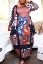 Deep Coffee Casual Street Print Patchwork O Neck Printed Dress Plus Size Dresses