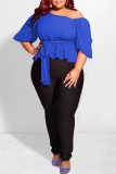 Royal Blue Casual Solid Patchwork Oblique Collar Plus Size Tops