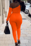 Orange Sexy Solid Patchwork Asymmetrical Oblique Collar Long Sleeve Two Pieces