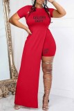 Red Sexy Print Slit O Neck Short Sleeve Two Pieces