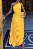 Yellow Fashion Solid Hollowed Out One Shoulder Cake Skirt Dresses