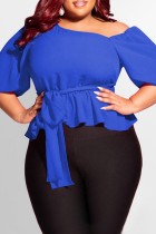 Royal Blue Casual Solid Patchwork Oblique Collar Plus Size Tops