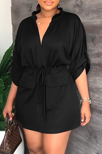 Black Street Solid Draw String V Neck Waist Skirt Dresses