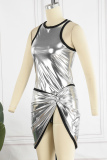 Silver Sexy Solid Patchwork O Neck Sleeveless Two Pieces