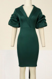 Ink Green Elegant Solid Patchwork Short Sleeve Dress Dresses