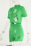 Green Casual Solid Ripped Hollowed Out See-through Turtleneck Short Sleeve Two Pieces