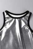 Silver Sexy Solid Patchwork O Neck Sleeveless Two Pieces