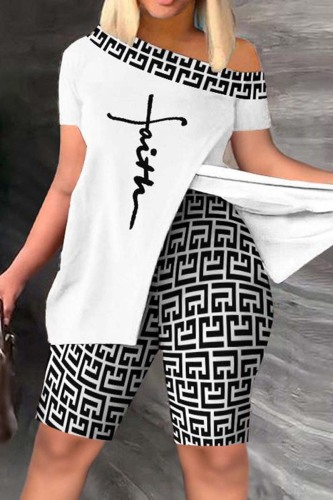 White Casual Print Patchwork Oblique Collar Short Sleeve Two Pieces