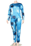 Plus Size Blue Casual Street Print Patchwork O Neck Two Pieces