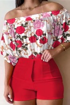 Red Casual Print Basic Off the Shoulder Half Sleeve Two Pieces