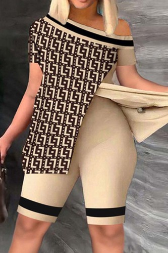 Khaki Casual Print Patchwork Oblique Collar Short Sleeve Two Pieces