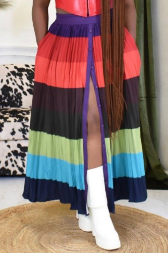 Multicolor Casual Patchwork Contrast Regular High Waist Conventional Patchwork Pleated Skirt