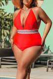 Red Sexy Solid Patchwork Halter Plus Size Swimwear
