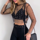 Black Sexy Solid Patchwork See-through Beading O Neck Tops