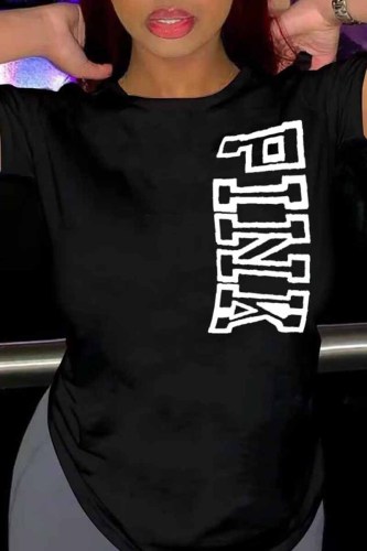 Black Casual Print Letter O Neck T-Shirts