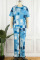 The cowboy blue Casual Print Patchwork O Neck Short Sleeve Two Pieces