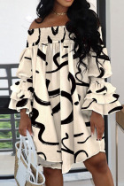 Apricot Casual Street Print Patchwork Fold Asymmetrical Off the Shoulder Irregular Dress Dresses