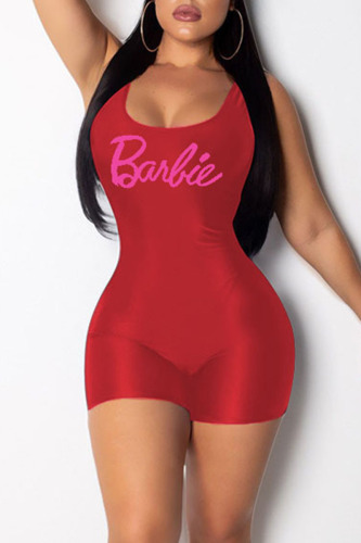 Red Sexy Casual Letter Print Patchwork U Neck Skinny Rompers