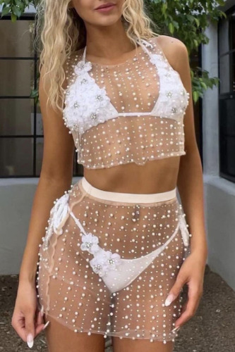 White Sexy Solid Patchwork See-through Beading Hot Drill O Neck Sleeveless Two Pieces