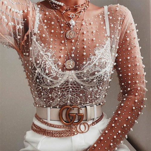 Bare Color Sexy Solid Patchwork See-through Beading O Neck Tops