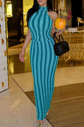 Blue Sexy Striped Print Patchwork Backless Halter Pencil Skirt Dresses