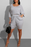 Grey Casual Solid Patchwork Fold O Neck Half Sleeve Two Pieces