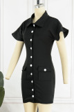 Black Casual Solid Patchwork Buckle Turndown Collar One Step Skirt Dresses