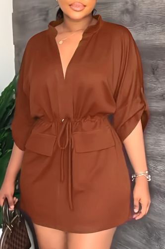 Brown Street Solid Draw String V Neck Waist Skirt Dresses