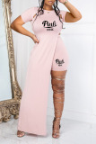 Nude Pink Sexy Print Hollowed Out Patchwork Slit O Neck Short Sleeve Two Pieces