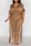 Camel Crochet Deep V Neck Short Sleeve Hollowed Out Tassel Vacation Beach Swimwears Cover Up