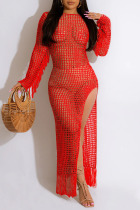Red Sexy Solid Tassel Hollowed Out Patchwork Slit Swimwears Cover Up